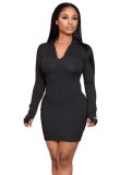 Autumn Solid Color Zipped Hoody Bodycon Dress