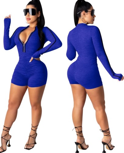 Autumn Long Sleeve Ruched Zipper Bodycon Rompers