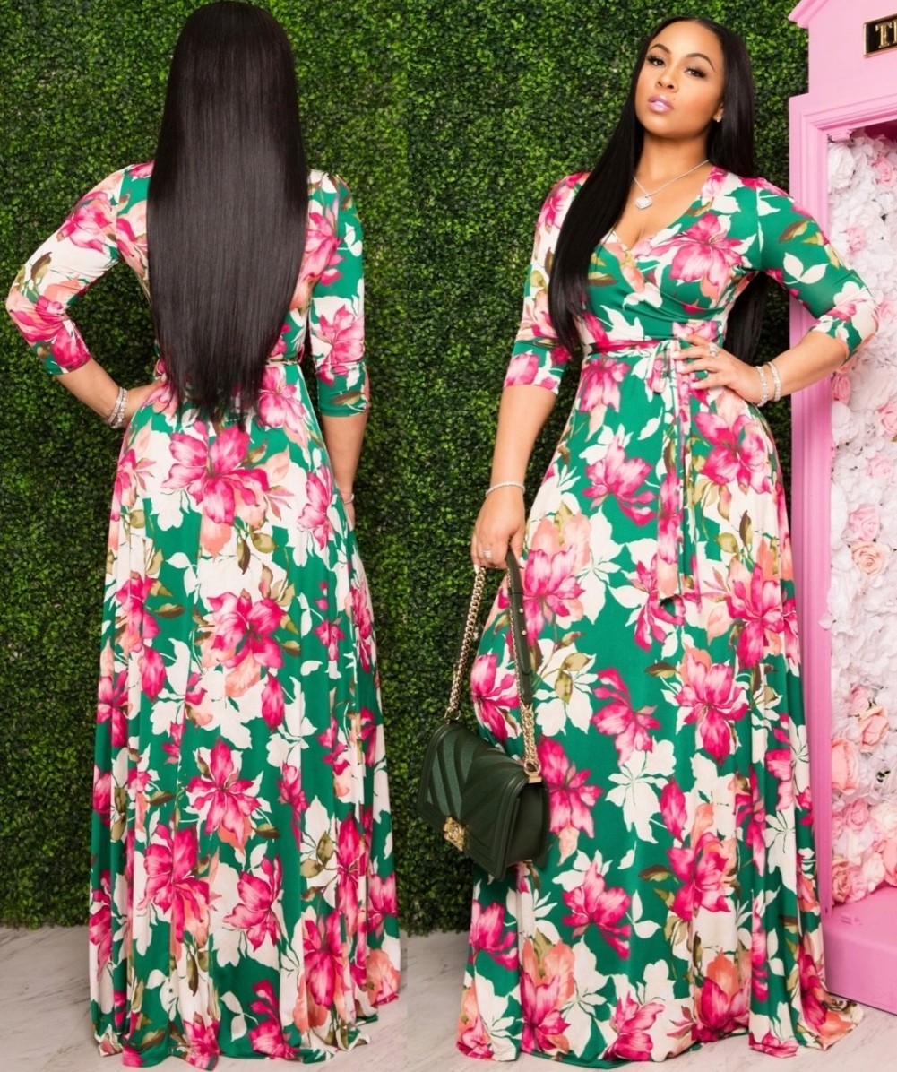Wholesale Autumn Floral Wrapped Long Maxi Dress | Global Lover