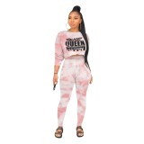 Two Piece Matching Tie Dye Crop Top and High Waist Pants Set