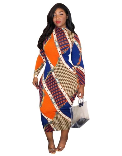 Stampa vestito da partito lungo sinuoso autunno africano colorato