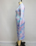 Plus Size Tie Dye Ruched Midi Dress with Full Sleeves