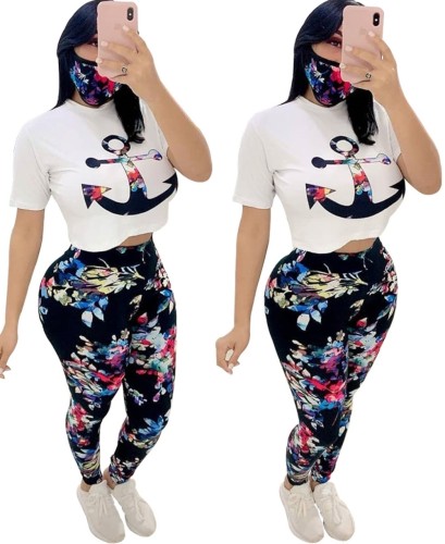 Summer Matching 3PC Print Shirt and Legging Set with Face Cover