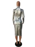 Silver Metallic Long Sleeve Midi Dress