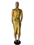 Gold Metallic Long Sleeve Midi Dress