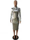 Silver Metallic Long Sleeve Midi Dress