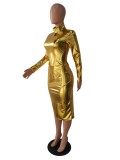 Gold Metallic Long Sleeve Midi Dress