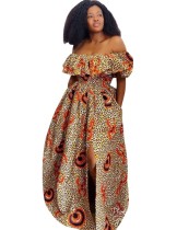 Afrika Baskı Kapalı Omuz Yarık Uzun Maxi Elbise