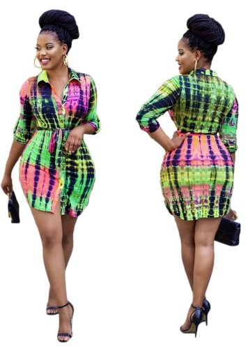 Африканское платье-блузка с длинным рукавом с принтом тай-дай и поясом