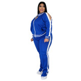 Plus Size Autumn Casual Long Sleeve Blue Zipper Tracksuit With Striped Trim Detail