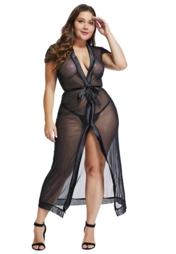Plus size 2-delige zwarte doorzichtige lingerie jurk set