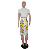 African Print White Crop Top and Midi Skirt Set