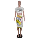 African Print White Crop Top and Midi Skirt Set
