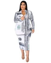Plus Size Dollar Print Langarm Midi Kleid