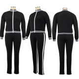 Plus Size Autumn Casual Long Sleeve Black Zipper Tracksuit With Striped Trim Detail