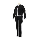 Plus Size Autumn Casual Long Sleeve Black Zipper Tracksuit With Striped Trim Detail