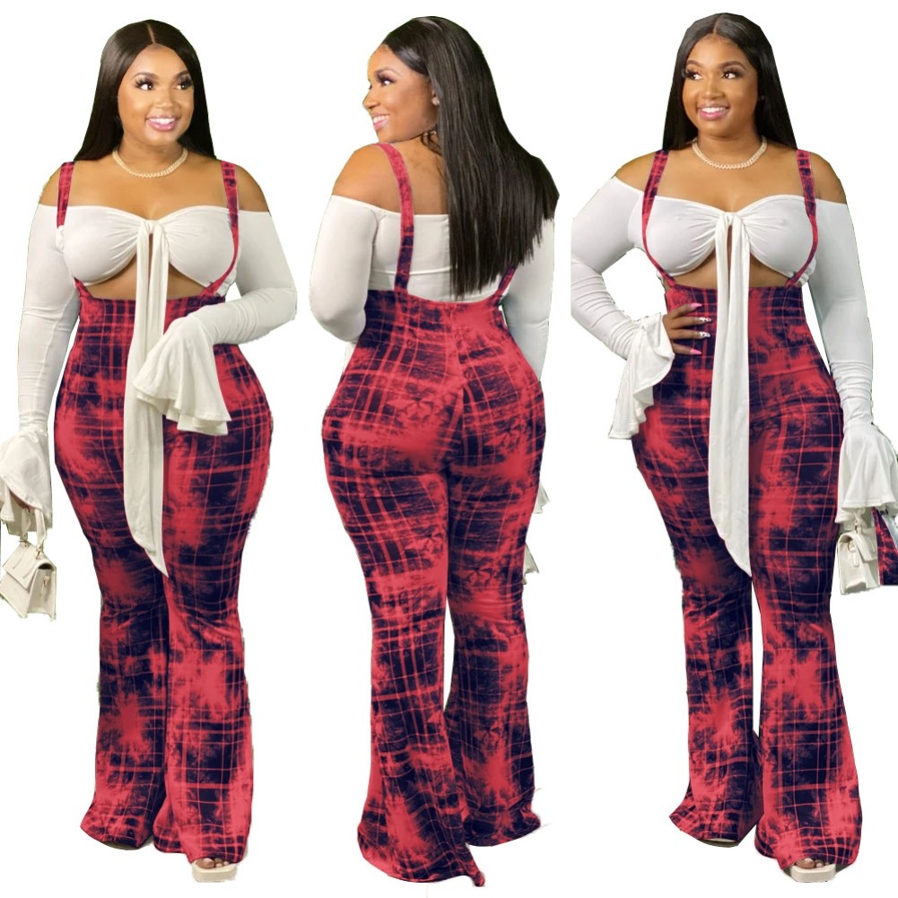 Wholesale Plus Size Tie Dye High Waist Suspender Plaid Pants | Global Lover