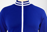 Plus Size Autumn Casual Long Sleeve Blue Zipper Tracksuit With Striped Trim Detail