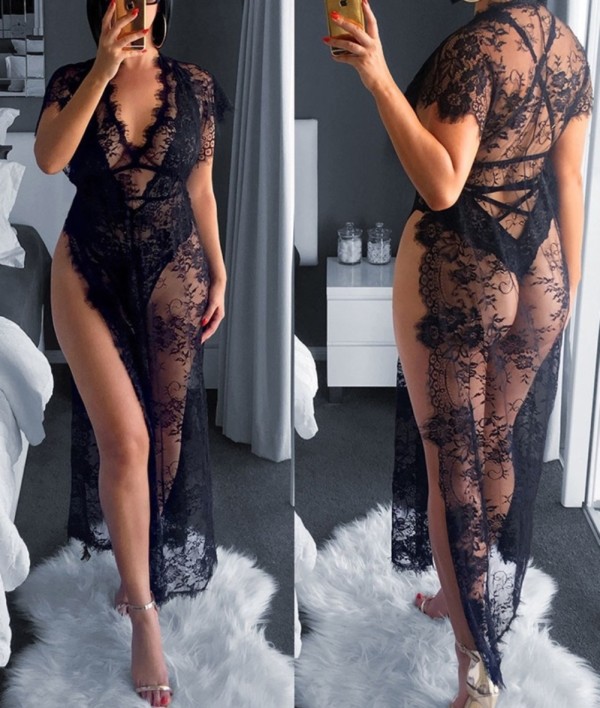 Sexy Black Lace See Through Lingerie Set