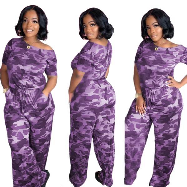 Casual Camou Print Short Sleeve Loose Jumpsuit