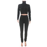 Solid Plain Stacked Zip Crop Top and High Waist Legging Set