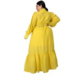 Plus Size Yellow Hollow Out Long Dress with Full Sleeves