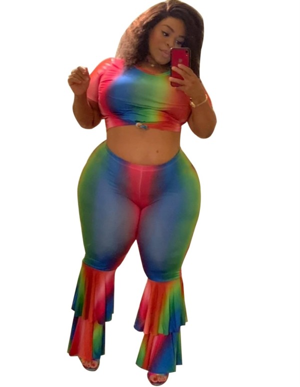 Plus Size Sexy Colorful Crop Top and Flare Pants Set