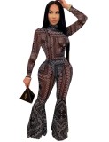 Sexy 2 Piece Print Bodysuit and Flare Pants Set