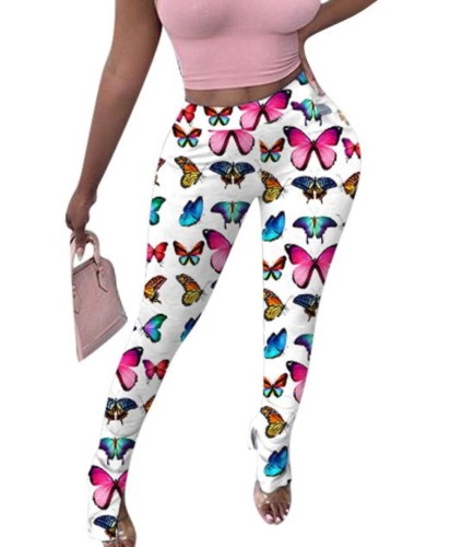Butterfly Print High Waist Slit Pants