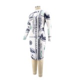 Plus Size Dollar Print Long Sleeve Midi Dress