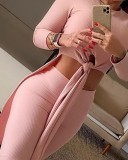 Pink 2pc Knitted Slit Long Top and Matching Bottom Set