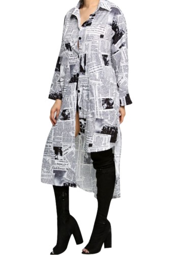 Autumn White and Black Newsletter Print Irregular Long Blouse Dress