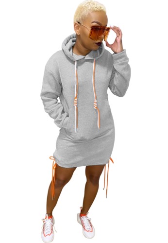 Solid Color Long Sleeve Pocketed Hoodie Dress