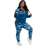 Plus Size Autumn 2pc Matching Blue Camou Long Sleeve Zipper Pocket Shirt and Pants Set
