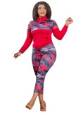 Plus Size Autumn 2pc Matching Red Camou Long Sleeve Zipper Pocket Shirt and Pants Set