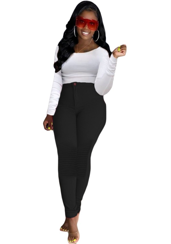Autumn White Long Sleeve Shirt and High Waist Fitted Pants Set