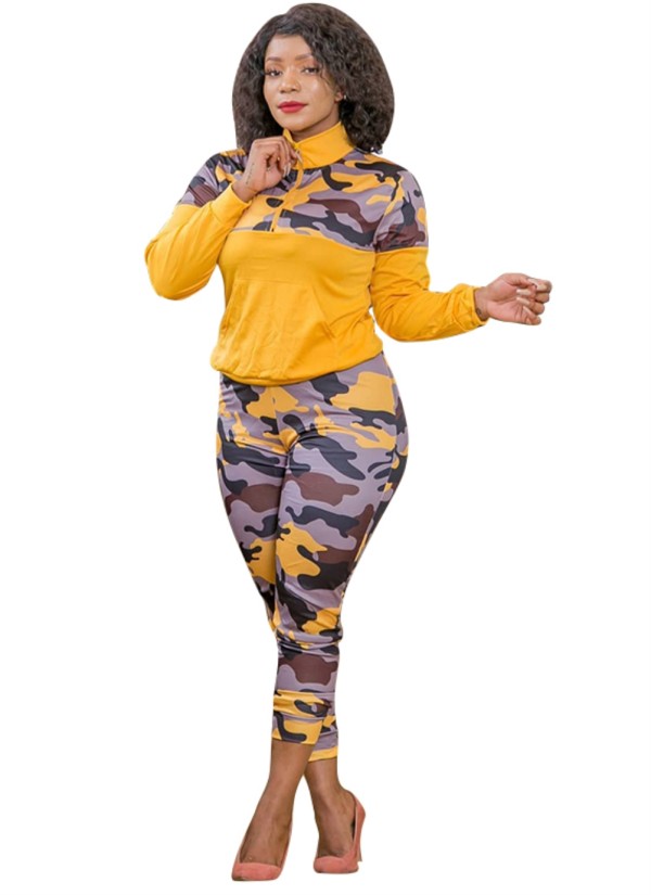 Plus Size Autumn 2pc Matching Yellow Camou Long Sleeve Zipper Pocket Shirt and Pants Set