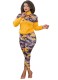 Plus Size Autumn 2pc Matching Yellow Camou Long Sleeve Zipper Pocket Shirt and Pants Set