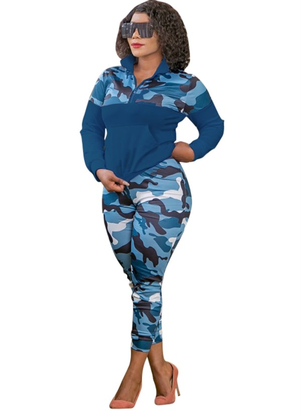 Plus Size Autumn 2pc Matching Blue Camou Long Sleeve Zipper Pocket Shirt and Pants Set