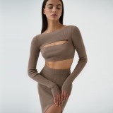 Autumn Knitted Sexy Cut Out Matching Crop Top and Mini Skirt Set