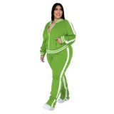 Plus Size Autumn Casual Long Sleeve Light Green Zipper Tracksuit With Striped Trim Detail