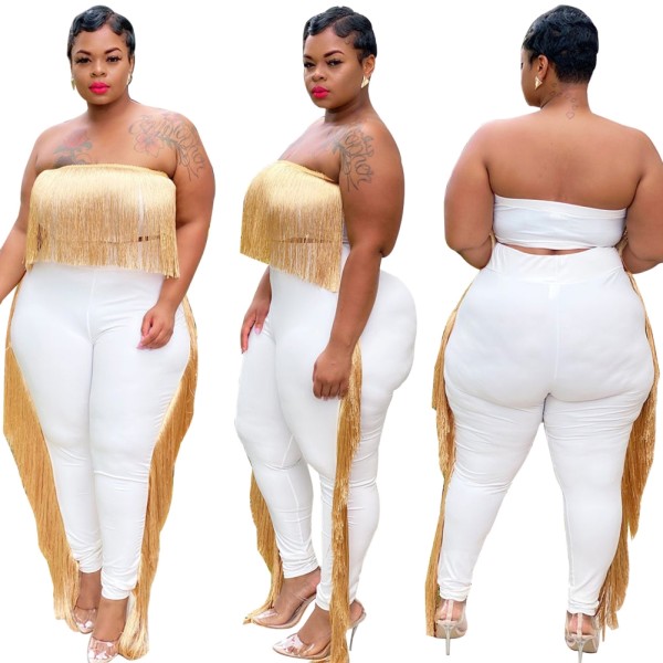Plus Size Party Sexy Tassels Strapless Top and Pants Set