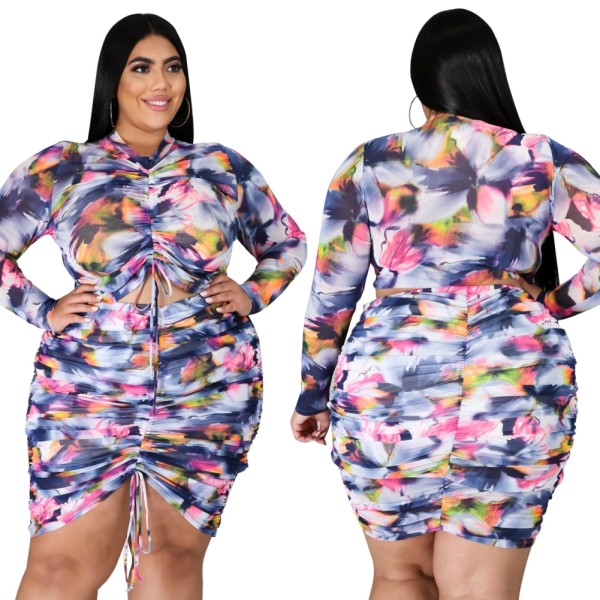 Plus Size 2pc Floral Ruched Top and Skirt Set
