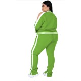 Plus Size Autumn Casual Long Sleeve Light Green Zipper Tracksuit With Striped Trim Detail