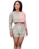 Autumn Contrast Long Sleeve Crop Top with Matching Shorts
