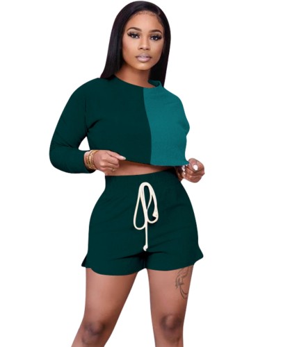 Autumn Contrast Long Sleeve Crop Top with Matching Shorts