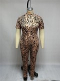 Plus Size Short Sleeve Leopard Bodycon Jumpsuit