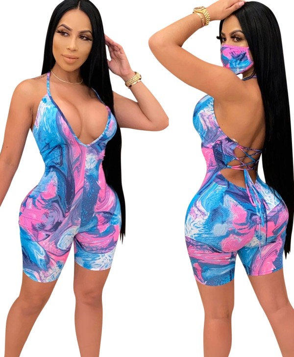 Tie Dye Halter Bodycon Rompers with Matching Face Cover