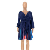 Spring Plus Size Long Sleeve V Neck Multi-color Pleated Skater Dress with Belt