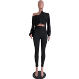 Solid Color 2pc Matching Loose Crop Top and High Waist Pants Set